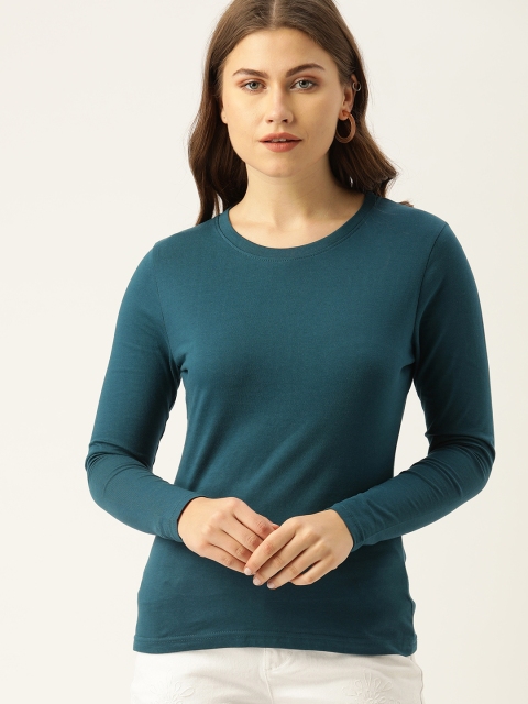 

DrunkenMonk Women Teal Blue Solid Round Neck T-shirt