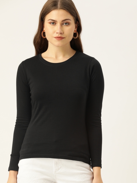 

DrunkenMonk Women Black Solid Round Neck T-shirt