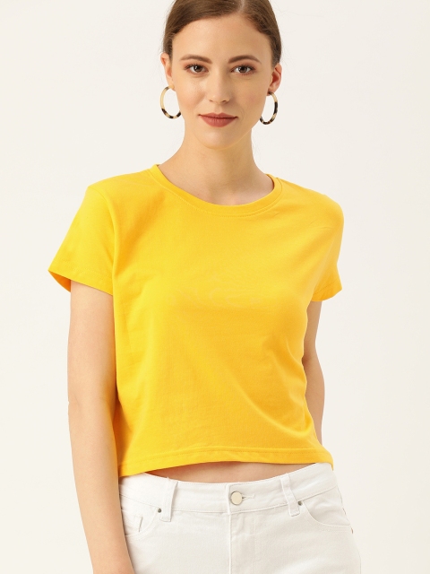 

DrunkenMonk Women Yellow Solid Round Neck Cropped T-shirt