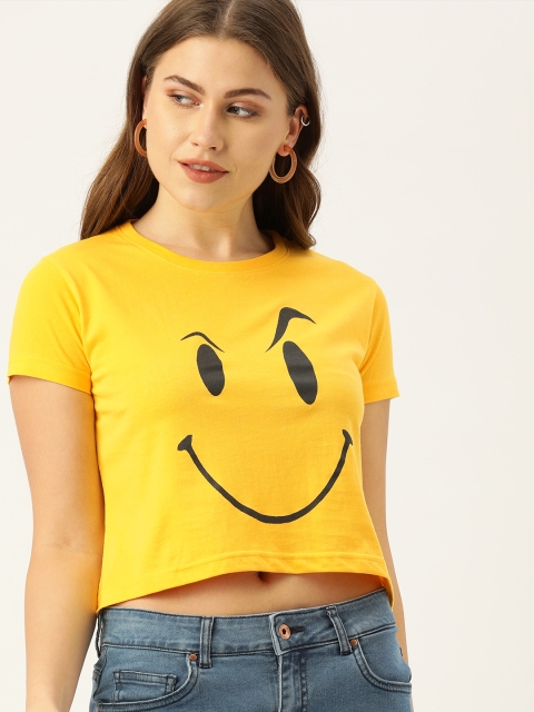 

DrunkenMonk Women Yellow Solid Round Neck Cropped T-shirt