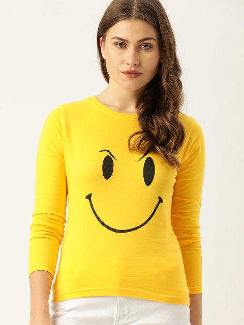 

DrunkenMonk Women Yellow Printed Round Neck T-shirt