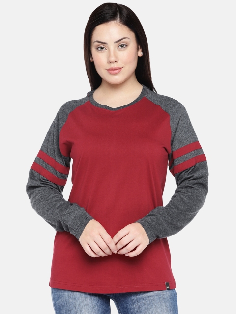 

VEIRDO Women Maroon & Grey Solid Round Neck T-shirt