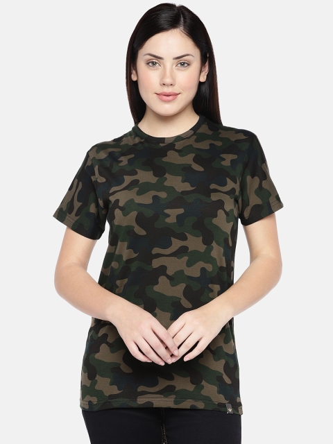 

VEIRDO Women Black & Brown Camouflage Printed Round Neck T-shirt