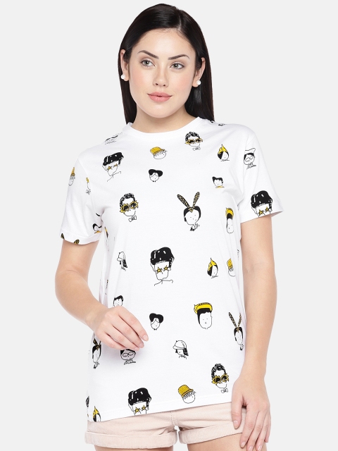 

VEIRDO Women White Printed Round Neck T-shirt