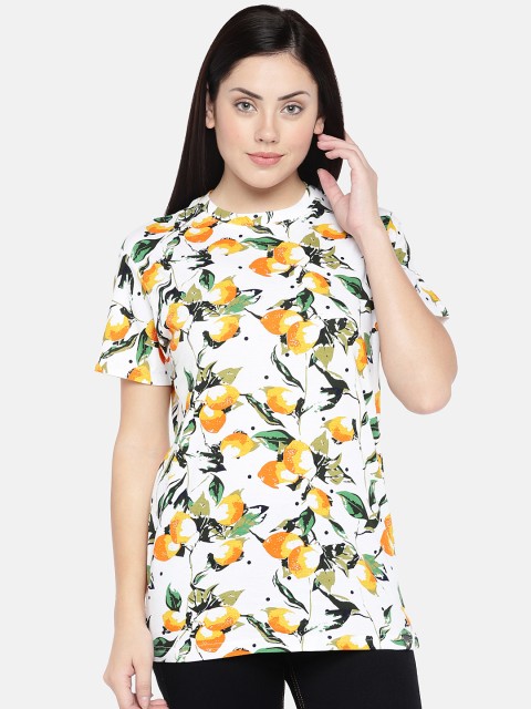 

VEIRDO Women White & Mustard Orange Printed Round Neck T-shirt