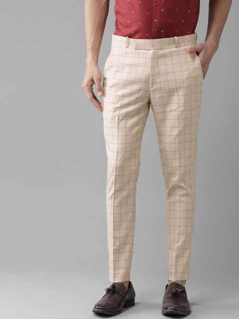 

DENNISON Men Cream-Coloured & Brown Smart Tapered Fit Checked Smart Casual Trousers