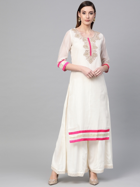 

Geroo Jaipur Off-White Embroidered Gota Patti Chanderi Sustainable Kurta with Palazzo