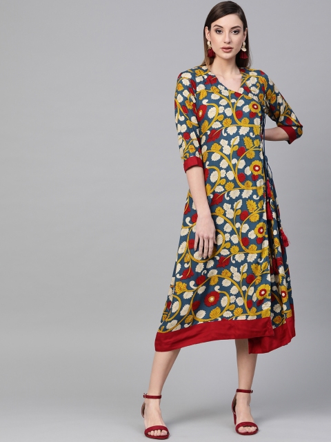 

Geroo Jaipur Yellow & Navy Blue Kalamkari Hand Block Printed Rayon Sustainable Dress