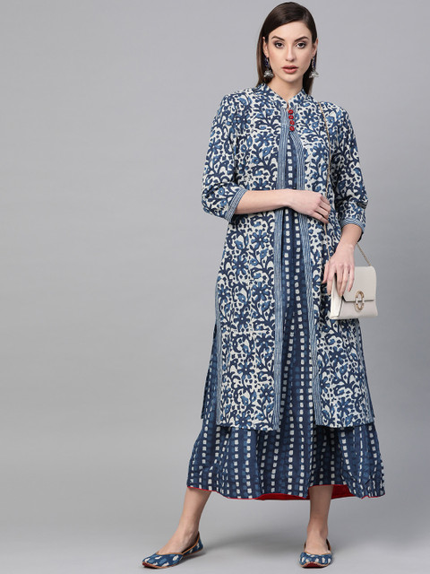 

Geroo Jaipur Women Navy Blue & Off-White Printed A-Line Layered Dress
