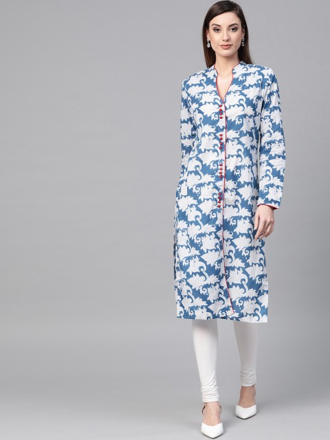 

Geroo Jaipur Women Blue & White Hand Block Printed Straight Kurta