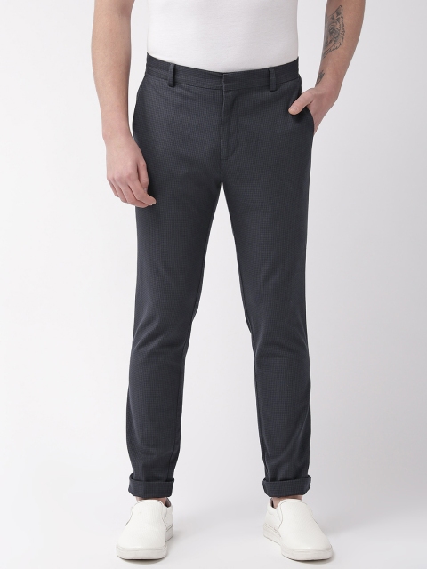 

Marks & Spencer Men Navy Blue & Black Slim Fit Checked Regular Trousers