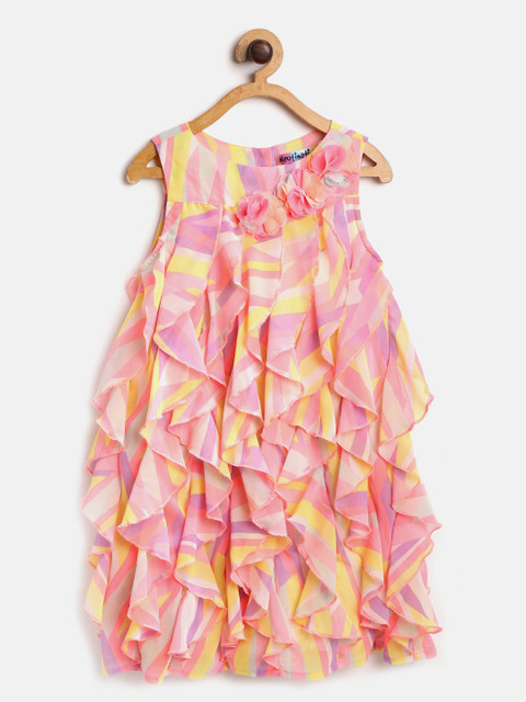 

Nauti Nati Girls Pink & Fluorescent Green Printed Ruffle A-Line Dress