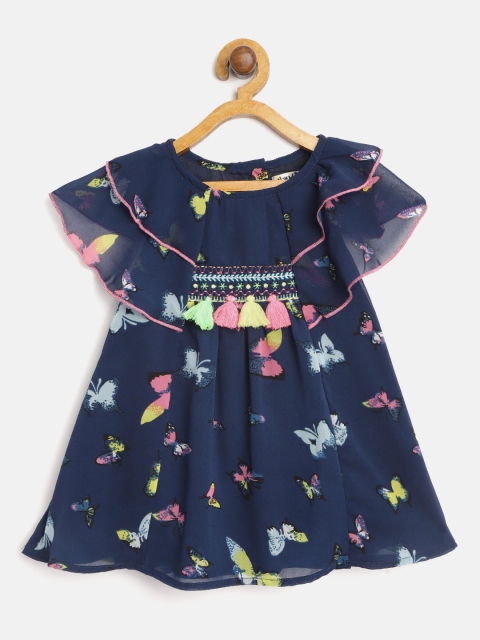 

Nauti Nati Girls Navy Blue & Pink Butterfly Print A-Line Dress with Briefs