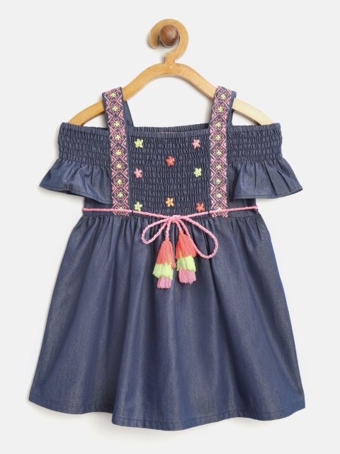 

Nauti Nati Girls Navy Blue Chambray A-Line Dress With Embroidered Detail