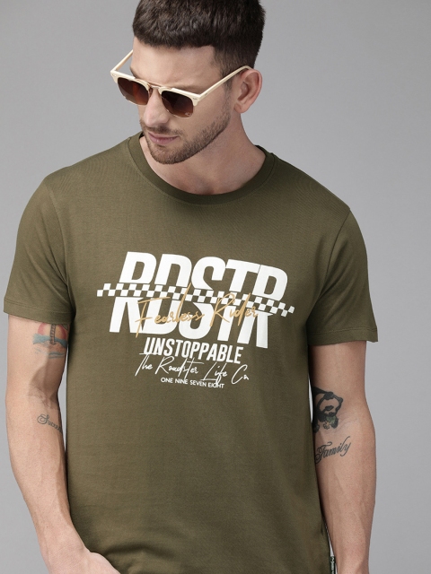 

Roadster Men Olive Green Printed Round Neck Pure Cotton T-shirt