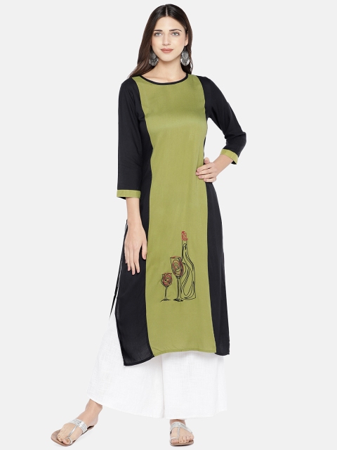 

Vbuyz Women Green & Black Colourblocked Straight Kurta