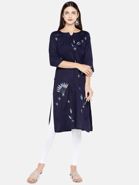 

Vbuyz Women Navy Blue Embroidered Straight Kurta