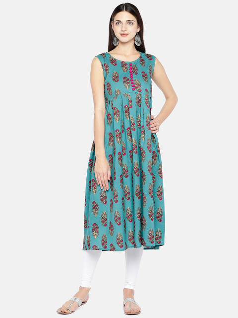

Vbuyz Women Turquoise Blue & Pink Printed A-Line Kurta