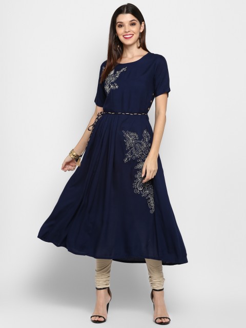 

Vbuyz Women Navy Blue Embroidered A-Line Kurta