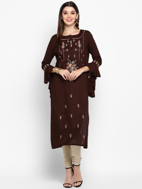 

Vbuyz Women Brown Embroidered Straight Kurta