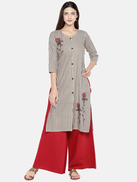 

Vbuyz Women Grey & White Striped Straight Kurta