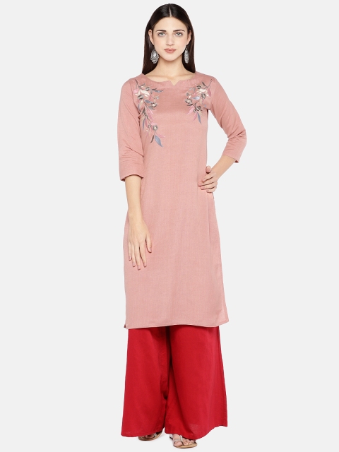 

Vbuyz Women Peach-Coloured Embroidered Straight Kurta