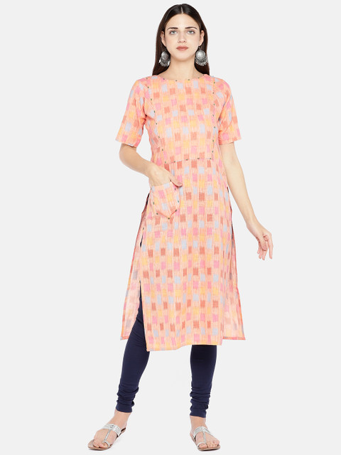 

Vbuyz Women Peach-Coloured & Pink Printed Straight Kurta