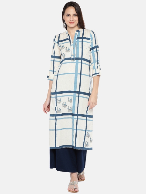 

Vbuyz Women White & Blue Checked Straight Kurta