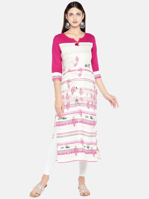 

Vbuyz Women Pink & Off-White Printed Straight Kurta