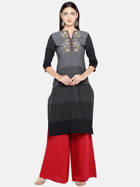 

Vbuyz Women Grey & Black Striped Straight Kurta
