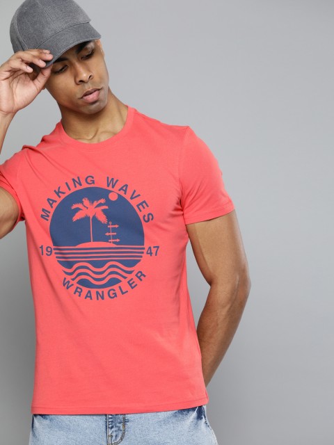 

Wrangler Men Coral Pink Printed Round Neck Slim-Fit Pure Cotton T-shirt