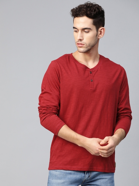 

Wrangler Men Red Self Design Henley Neck Slim-Fit T-shirt