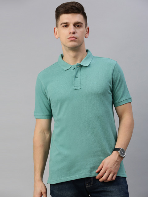 

Wrangler Men Sea Green Solid Polo Collar Slim-Fit Pure Cotton T-shirt