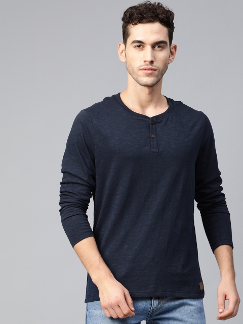 

Wrangler Men Navy Blue Solid Henley Neck Slim-Fit T-shirt