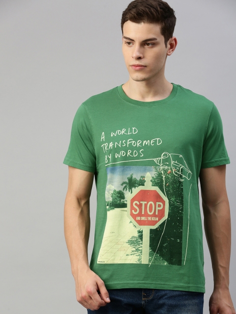 

Wrangler Men Green Printed Round Neck Slim-Fit Pure Cotton T-shirt