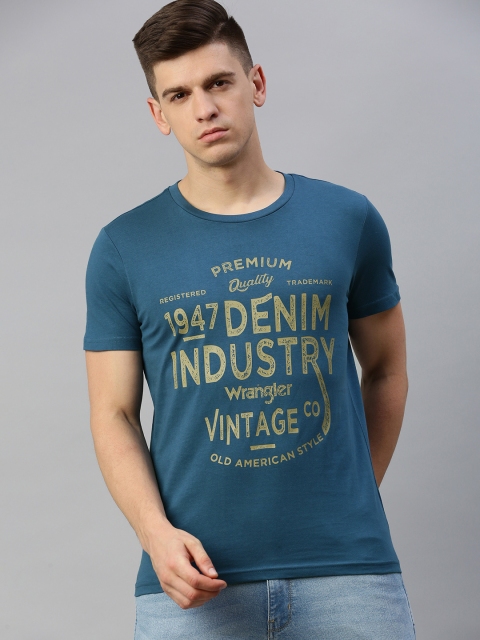 

Wrangler Men Teal Blue Printed Round Neck T-shirt