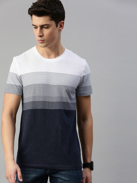

Lee Men White & Navy Blue Slim Fit Colourblocked Round Neck T-shirt With Striped Detailing
