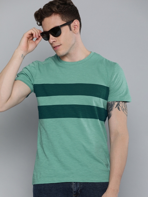 

Lee Men Green Striped Round Neck Pure Cotton T-shirt