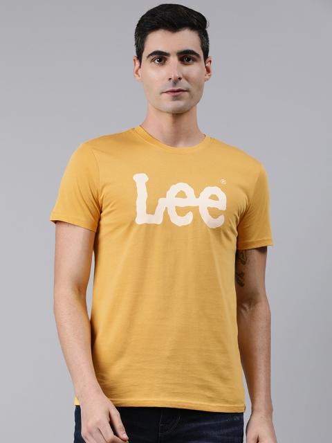 

Lee Men Mustard Yellow White Printed Round Neck Pure Cotton T-shirt