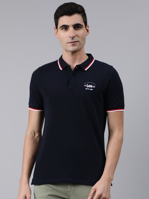 

Lee Men Navy Blue Solid Polo Collar Pure Cotton T-shirt