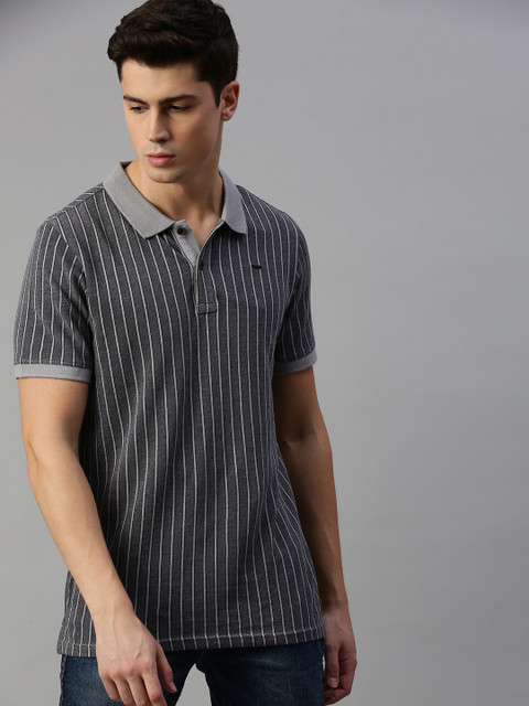 

Lee Men Black & Grey Striped Polo Collar T-shirt