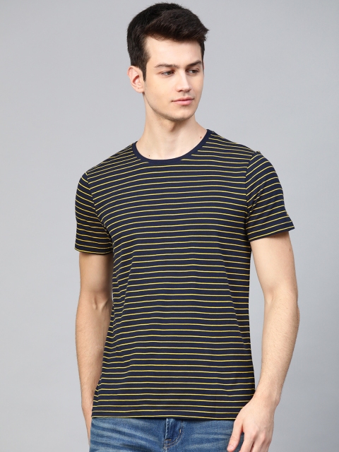 

Lee Men Navy Blue Yellow Striped Round Neck Pure Cotton T-shirt