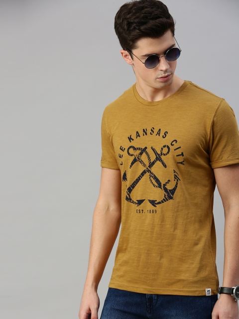 

Lee Men Mustard Yellow Black Printed Round Neck Pure Cotton T-shirt