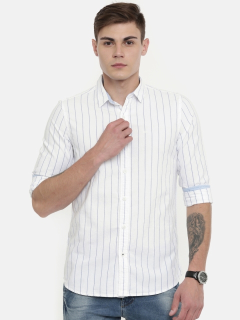

Lee Men White & Blue Slim Fit Solid Casual Shirt