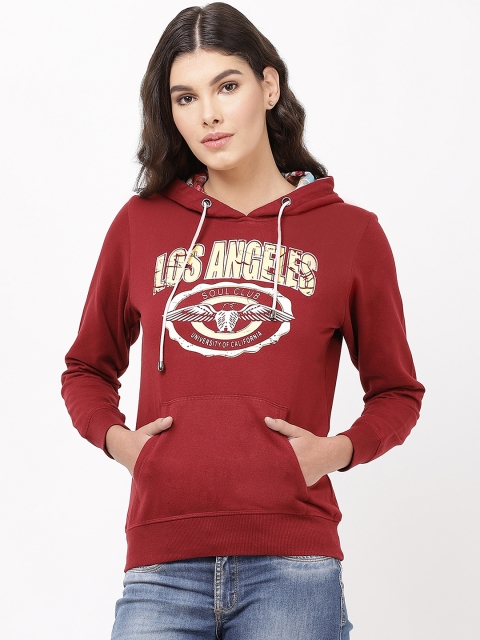 

APSLEY Women Maroon & Yellow Printed Hooded Sweatshirt