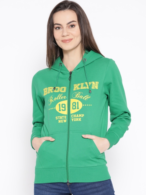 

APSLEY Women Green & Mustard Yellow Printed Hooded Sweatshirt