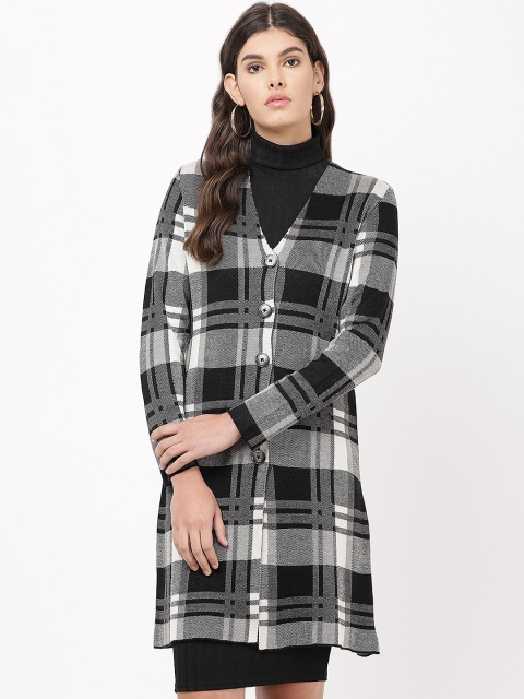 

APSLEY Women Black & Off-White Checked Longline Cardigan