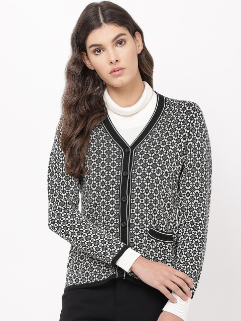 

APSLEY Women Black & Off-White Self Design Cardigan
