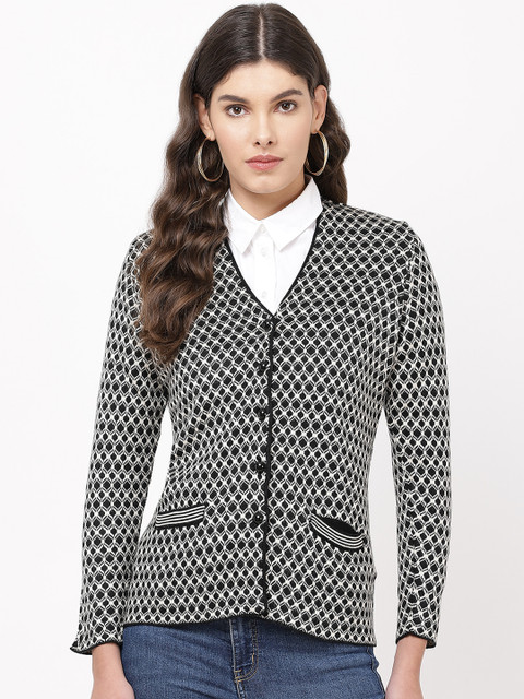 

APSLEY Women Black & Off-White Self Design Cardigan