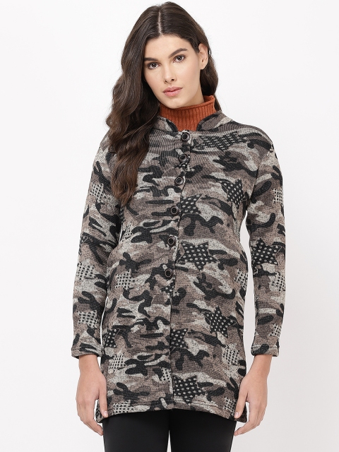 

APSLEY Women Black & Grey Camouflage Patterned Longline Cardigan